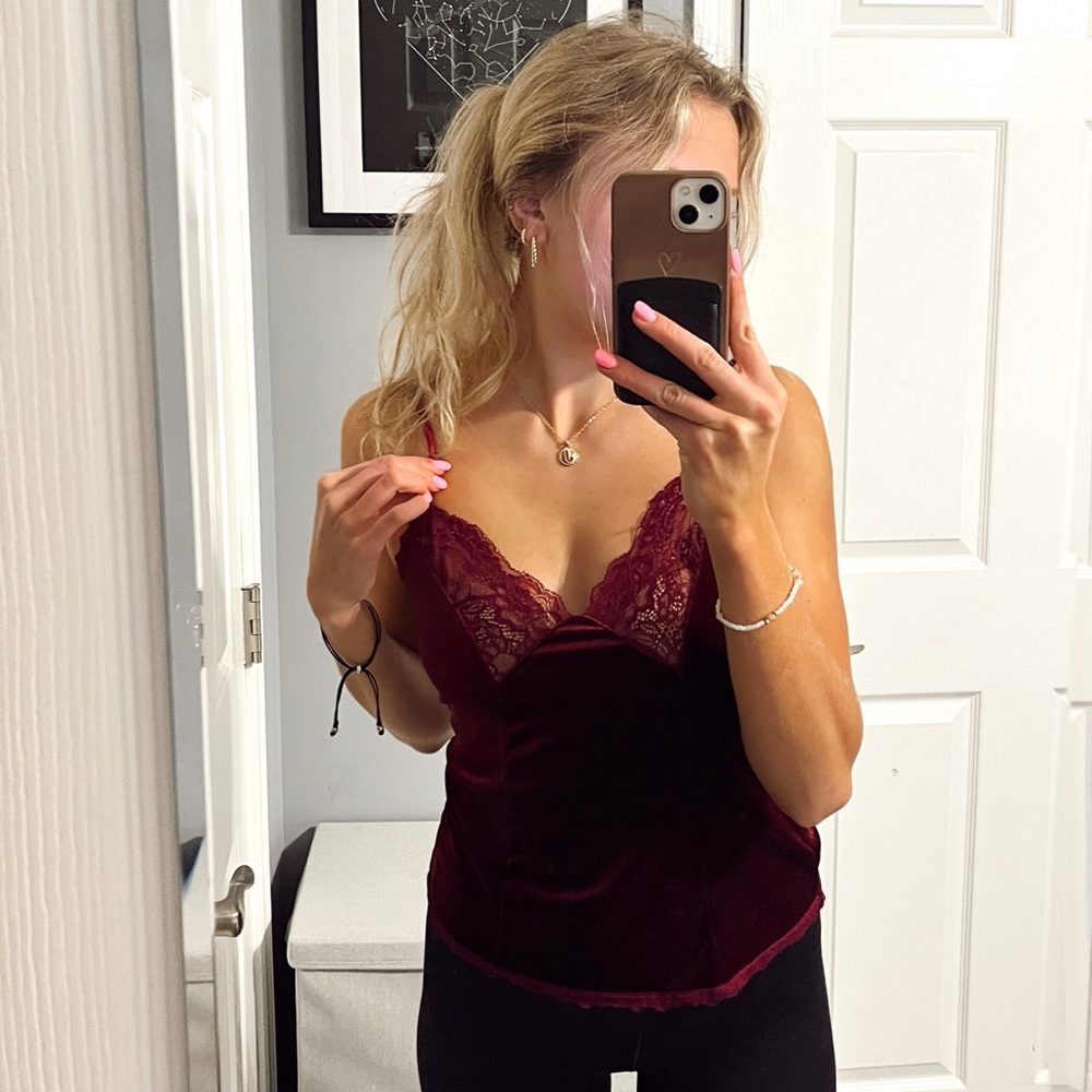 Maroon Velvet Lacey Tank Y2K